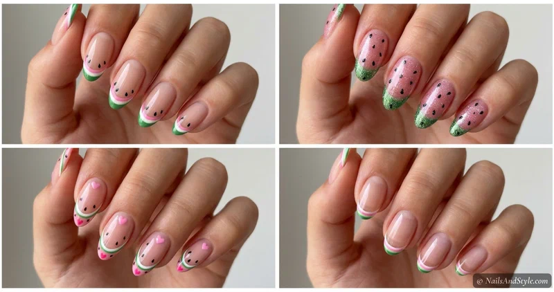 Collage of mini watermelon french tip designs including classic pastel glittery and heart variations