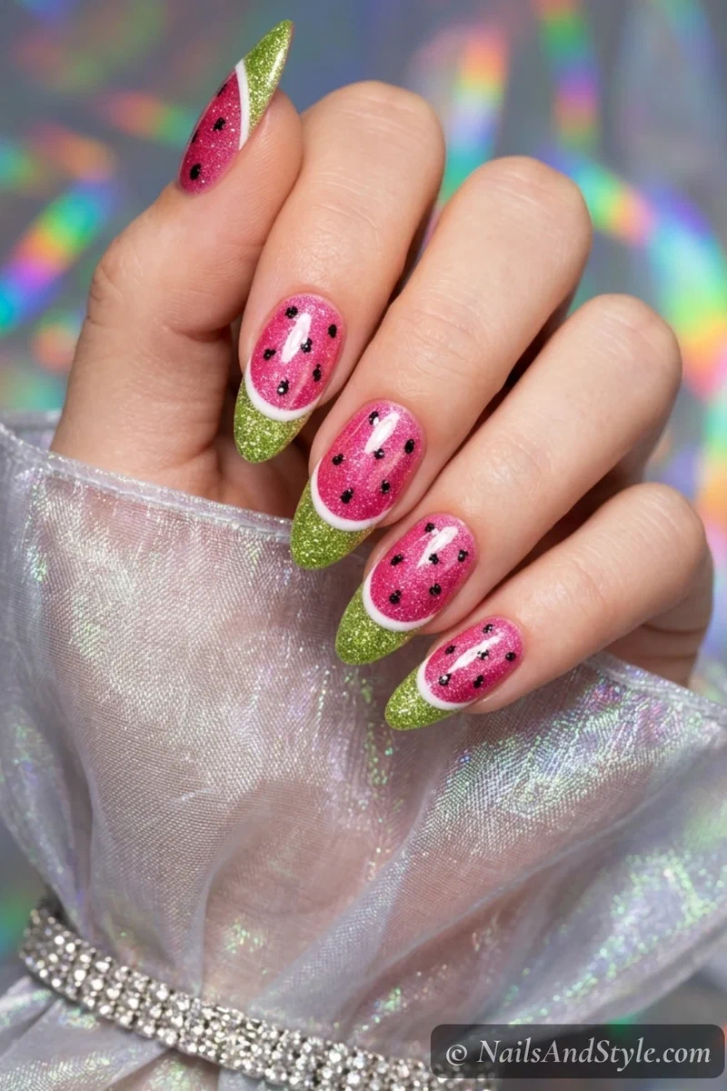 Glittery watermelon french tips with pink base green glitter tip and black glitter seed flakes on medium almond nails