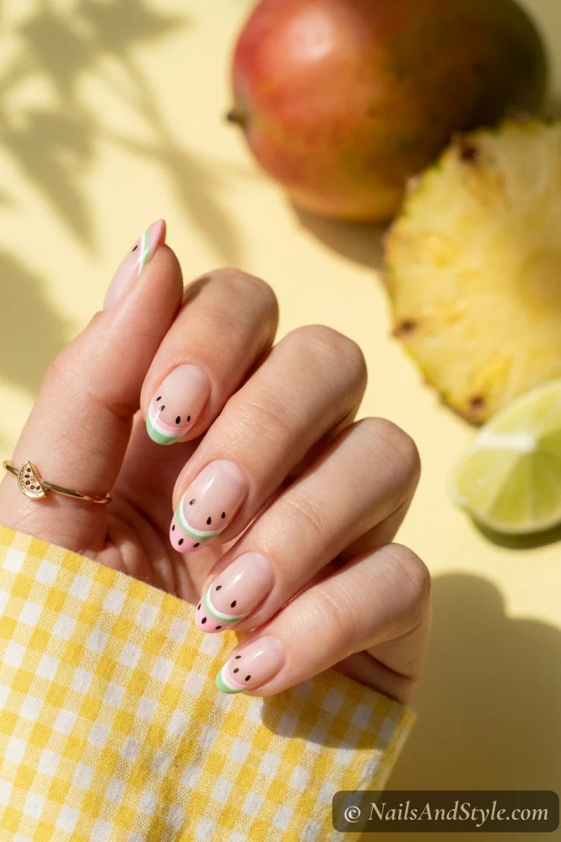 Micro watermelon slice nail art on the corner of each tip with sheer base on short oval nails