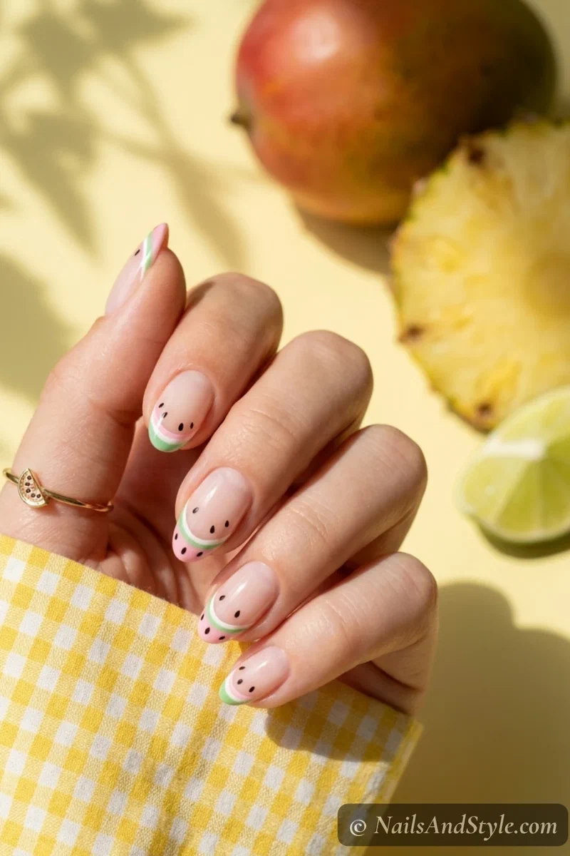 Micro watermelon slice nail art on the corner of each tip with sheer base on short oval nails