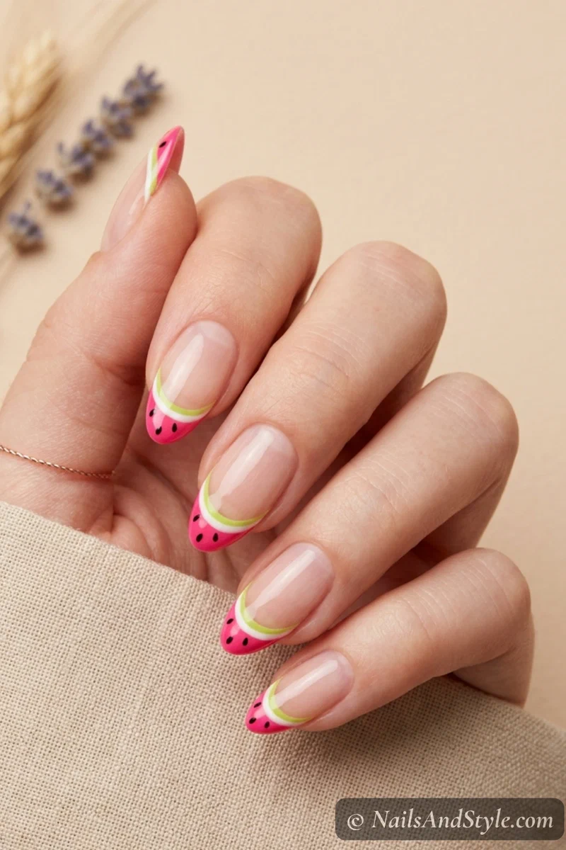 Negative space mini watermelon french tips with clear bare nail and tiny pink white green stripe at the very edge on medium nails