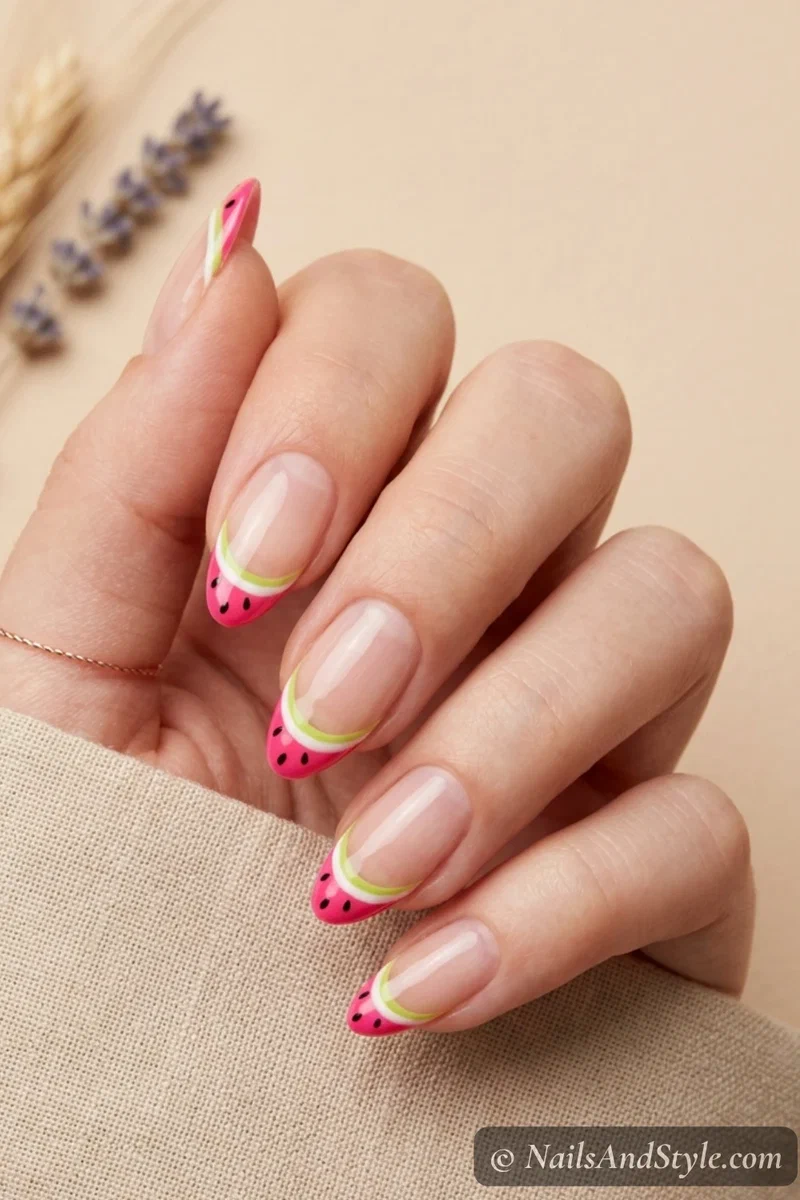 Negative space mini watermelon french tips with clear bare nail and tiny pink white green stripe at the very edge on medium nails