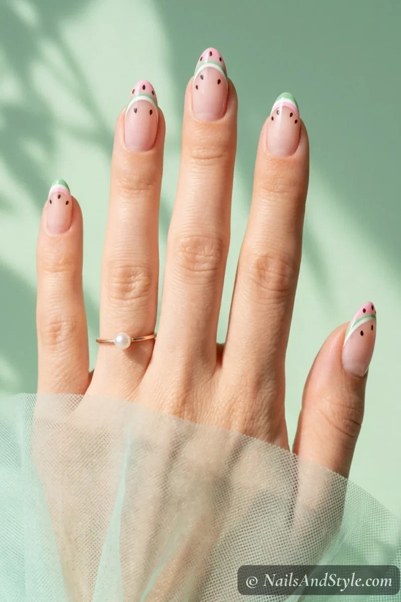 Pastel mini watermelon french tips with milky pink base baby pink and mint green tips and brown seeds on medium almond nails