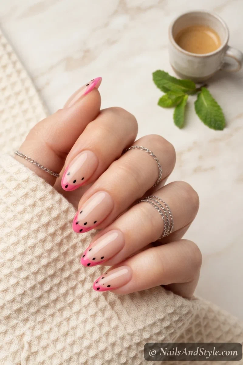 Mini watermelon french tips with only pink and black seed dots no green stripe on medium nails