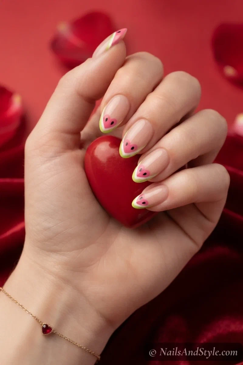 Watermelon heart french tip nails with small pink heart shaped tips white and green outline and seed on medium almond nails