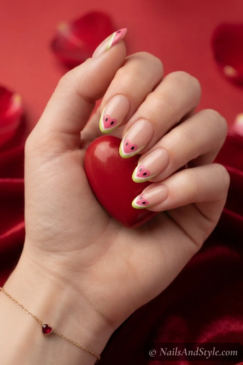 Watermelon heart french tip nails with small pink heart shaped tips white and green outline and seed on medium almond nails