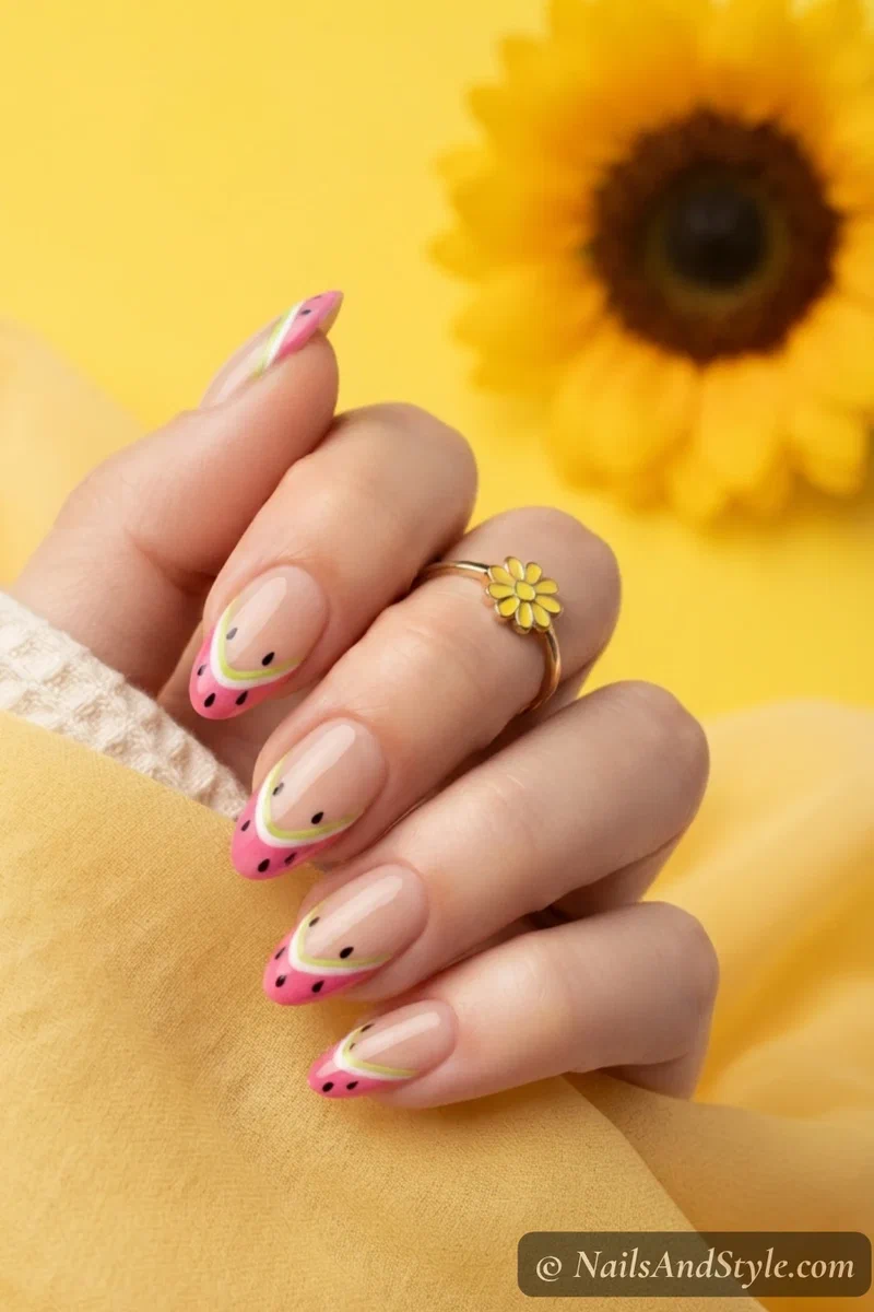 Watermelon V tip smiley french design with curved pink white and green stripes and seeds on medium nails