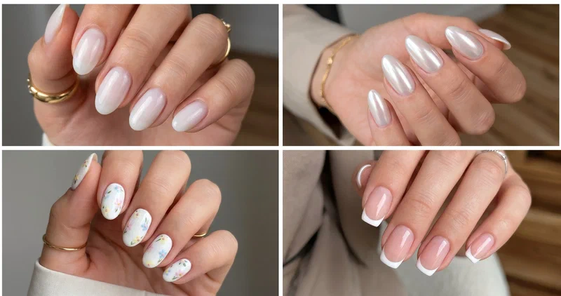 Collage of four white summer nail designs featuring milky white ombre, white chrome, white floral accents, and crisp French tips