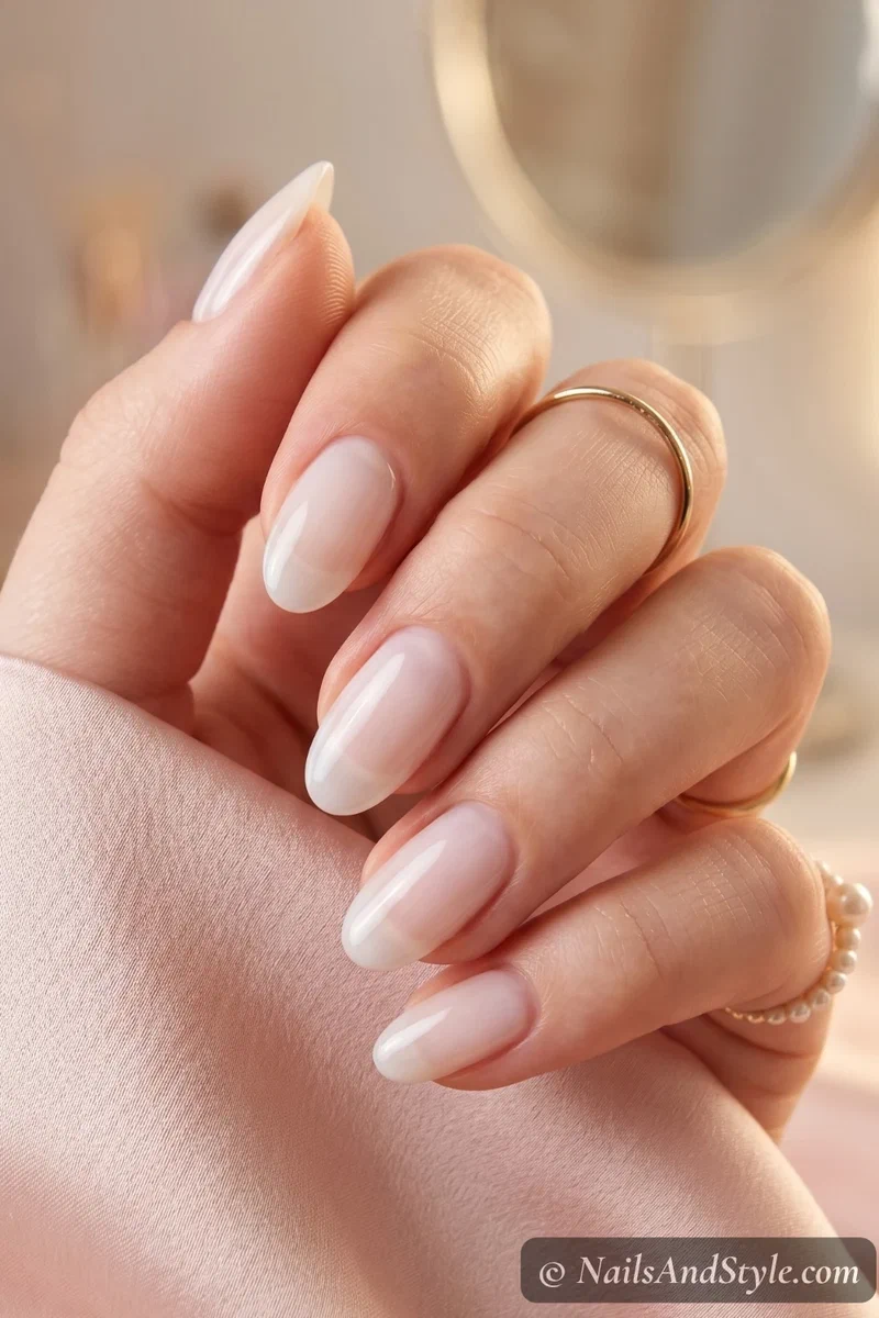 Milky white jelly finish nails with translucent glow on medium oval nails