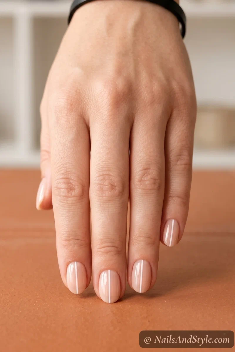 Minimal white line nail art with thin geometric stripes on sheer nude base and short oval nails