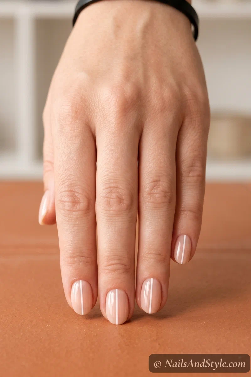 Minimal white line nail art with thin geometric stripes on sheer nude base and short oval nails