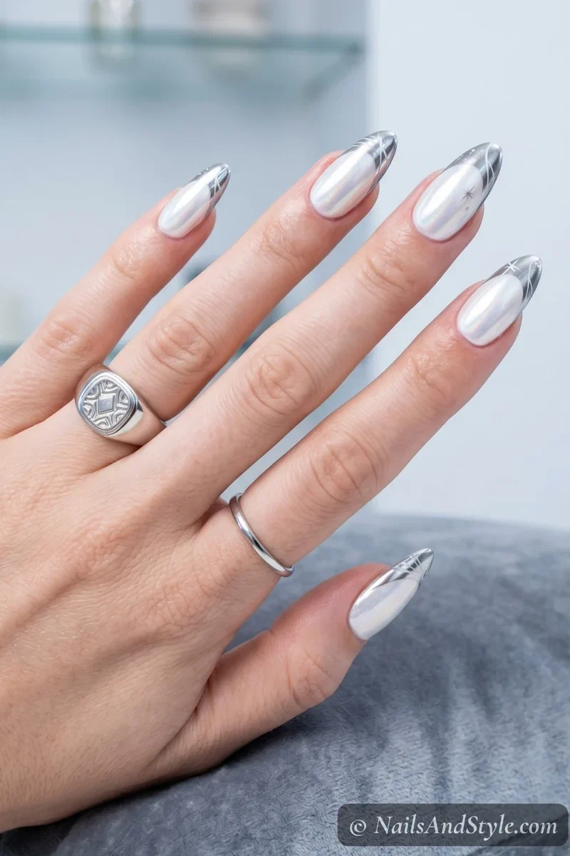 White chrome nails with pearly mirror finish on medium almond shaped nails