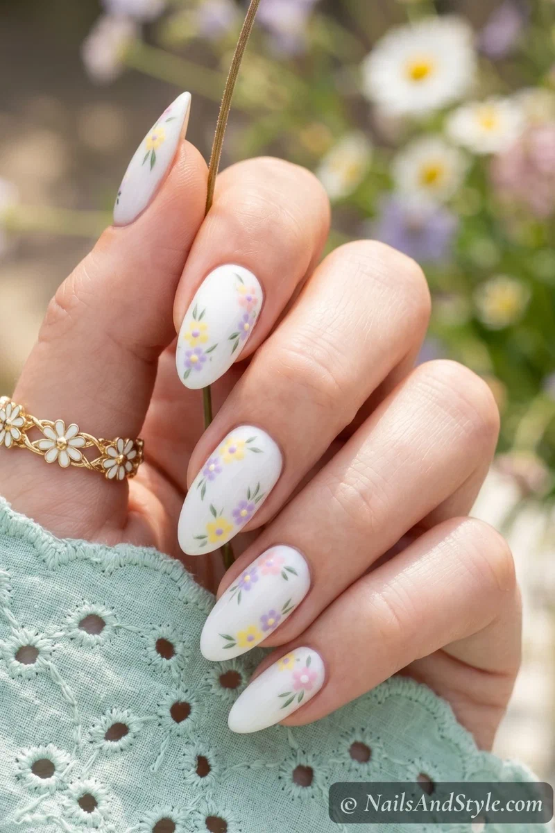 White nails with tiny pastel floral accents in yellow pink and lavender on almond shaped nails