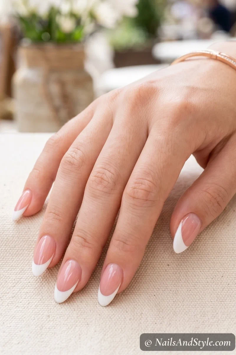 White French tip nails with clean smile line on sheer pink base and medium almond nails