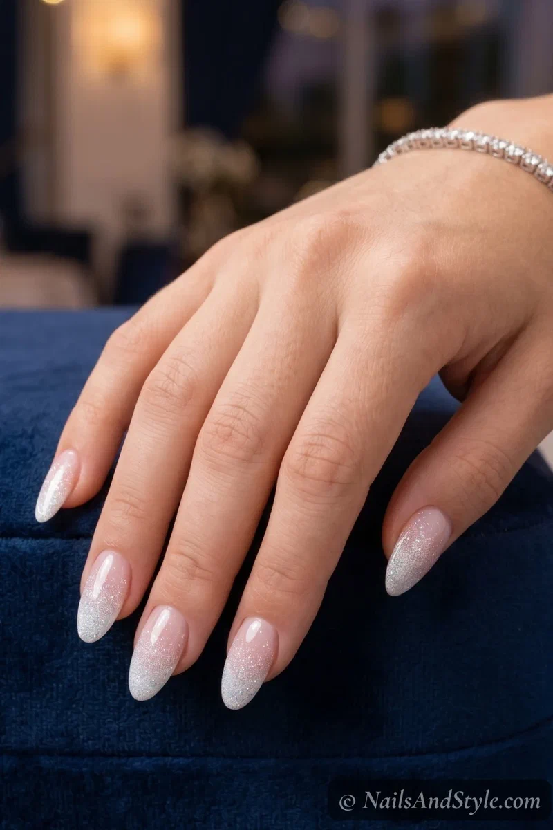 White glitter tip nails with fine sparkle gradient on the free edge of almond shaped nails
