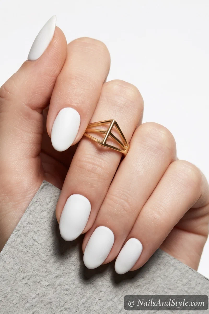 Matte white nails with smooth chalky finish on short almond shaped nails
