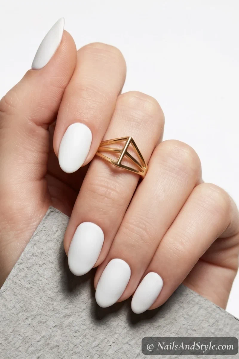 Matte white nails with smooth chalky finish on short almond shaped nails