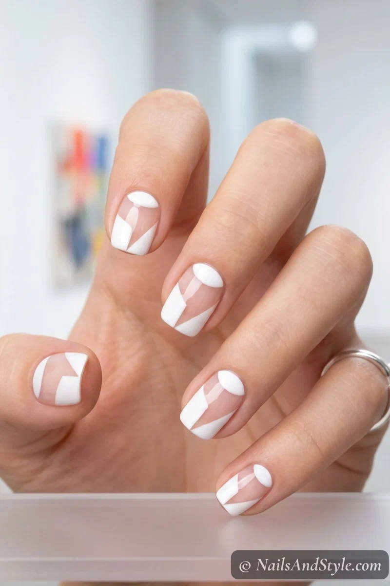 White negative space nail art with abstract white shapes and bare nail sections on short nails