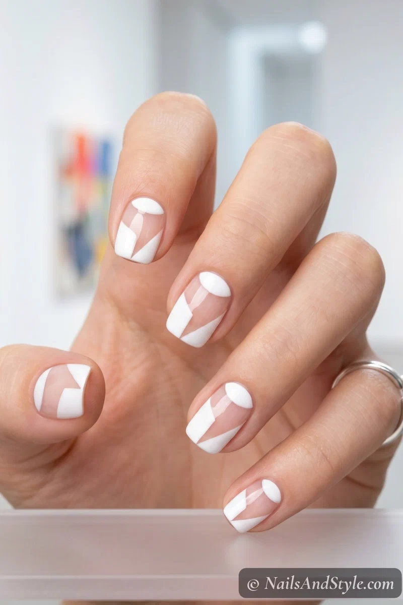 White negative space nail art with abstract white shapes and bare nail sections on short nails