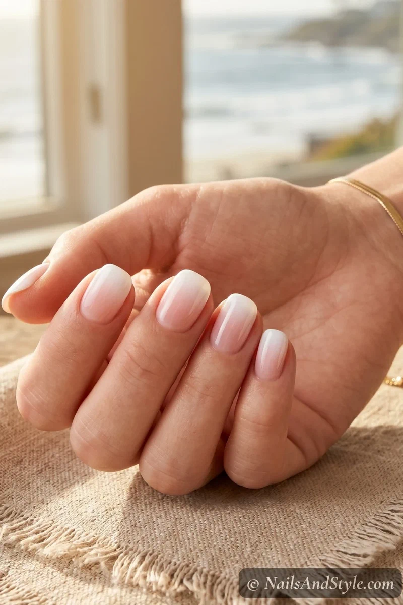 White ombre nails fading from opaque white tips to sheer pink base on short round nails