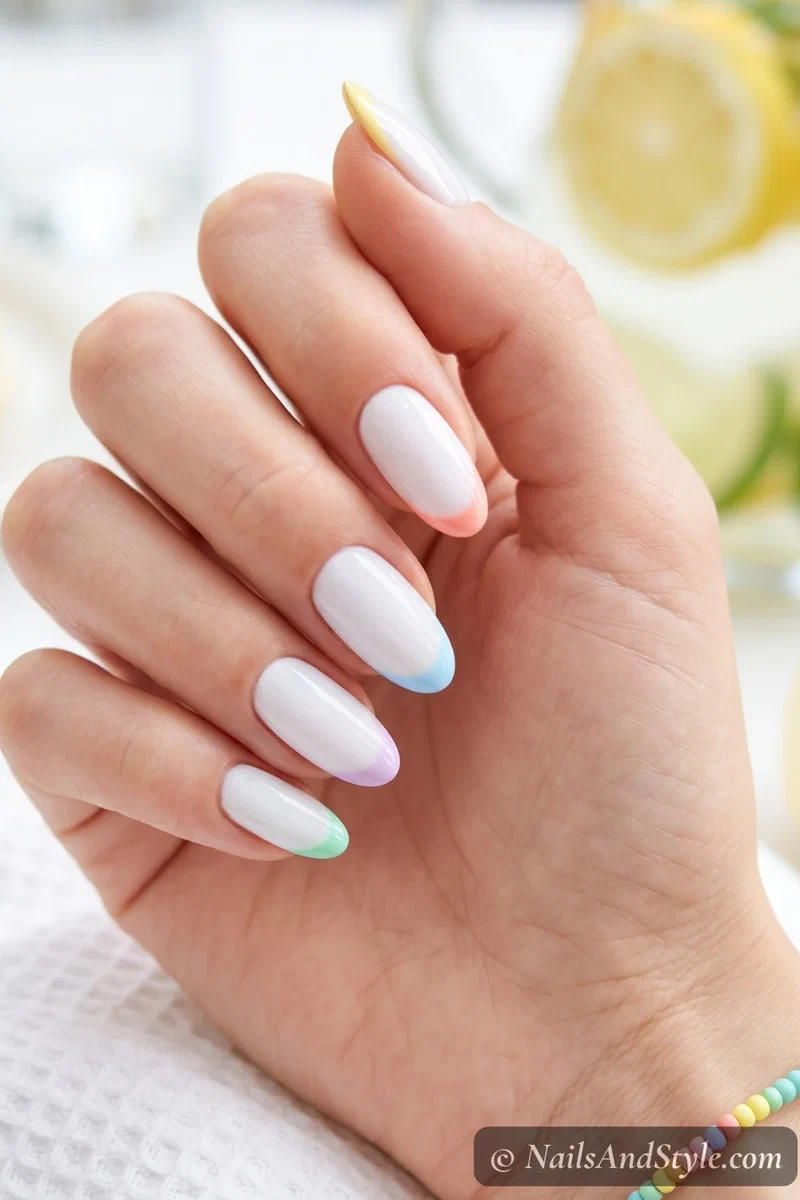 White nails with different pastel colored tips in mint lilac blue coral and yellow on oval nails