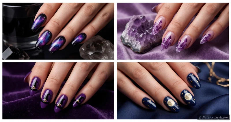 Four witchy Halloween nail designs — a gold crescent moon, a purple galaxy, a black witch hat, and amethyst crystals