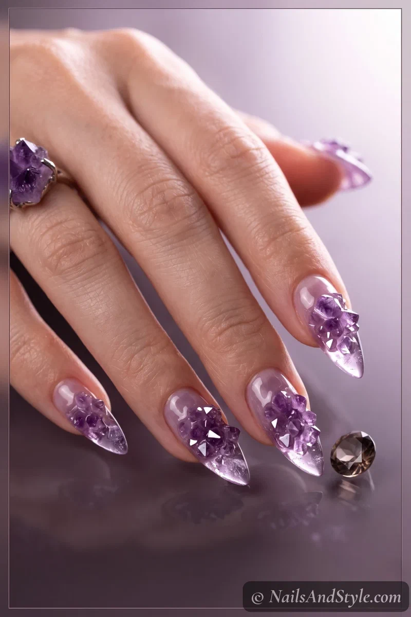 Smoky nails with translucent amethyst purple crystal clusters