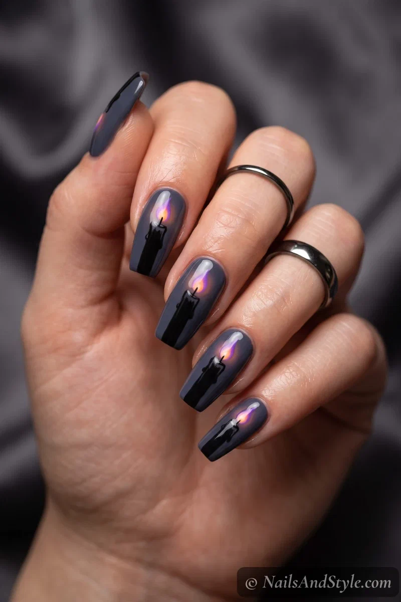 Grey nails with a black candle and a glowing purple and orange flame