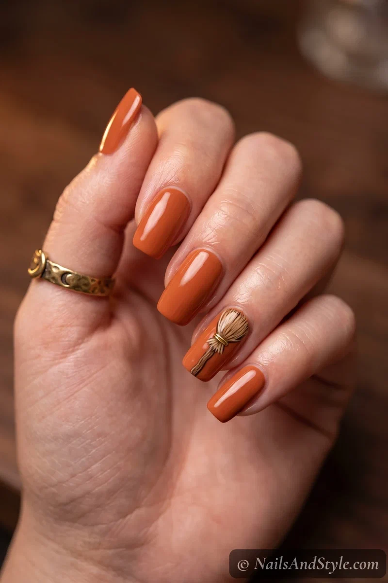 Nails with a detailed witch broomstick with wooden handle and straw bristles