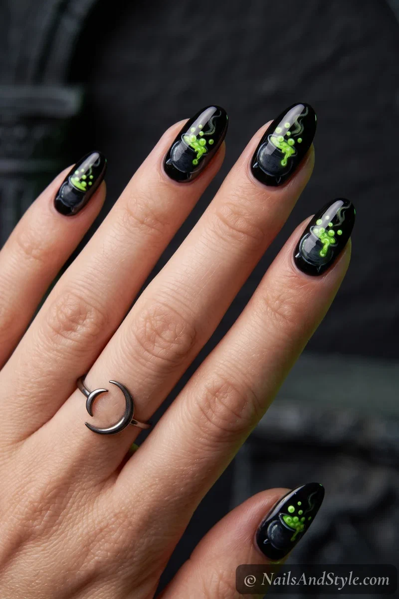 Black nails with a cauldron and glowing lime green bubbling potion