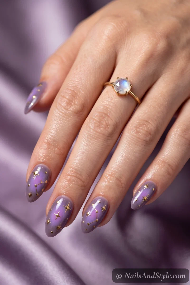 Smoky lilac nails with a violet aura glow and scattered gold stars
