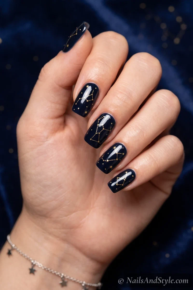 Dark nails with gold constellation stars connected by fine lines