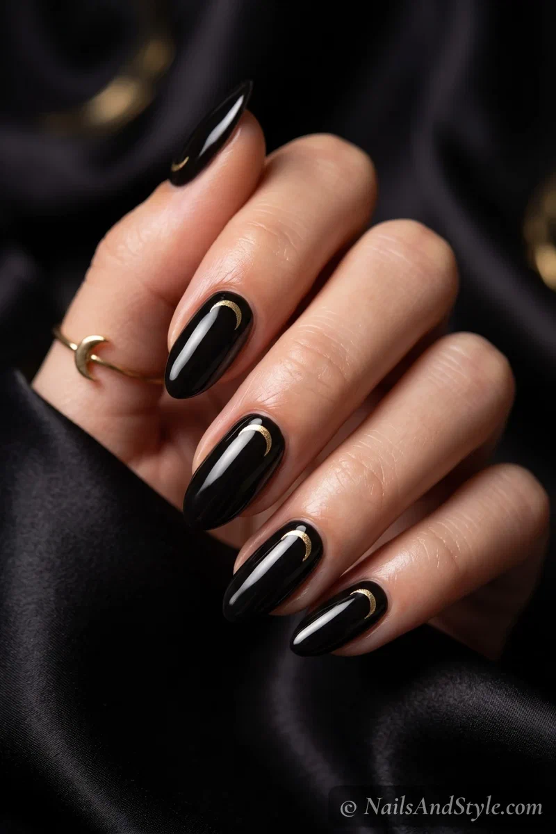 Black nails with a fine gold crescent moon on each