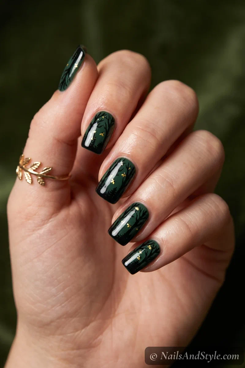 Forest green nails with black tree silhouettes and gold fireflies