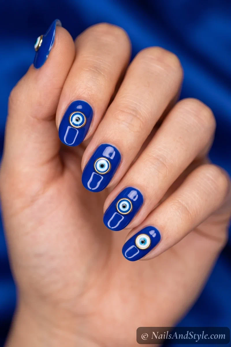 Cobalt blue nails with a gold rimmed blue and white evil eye