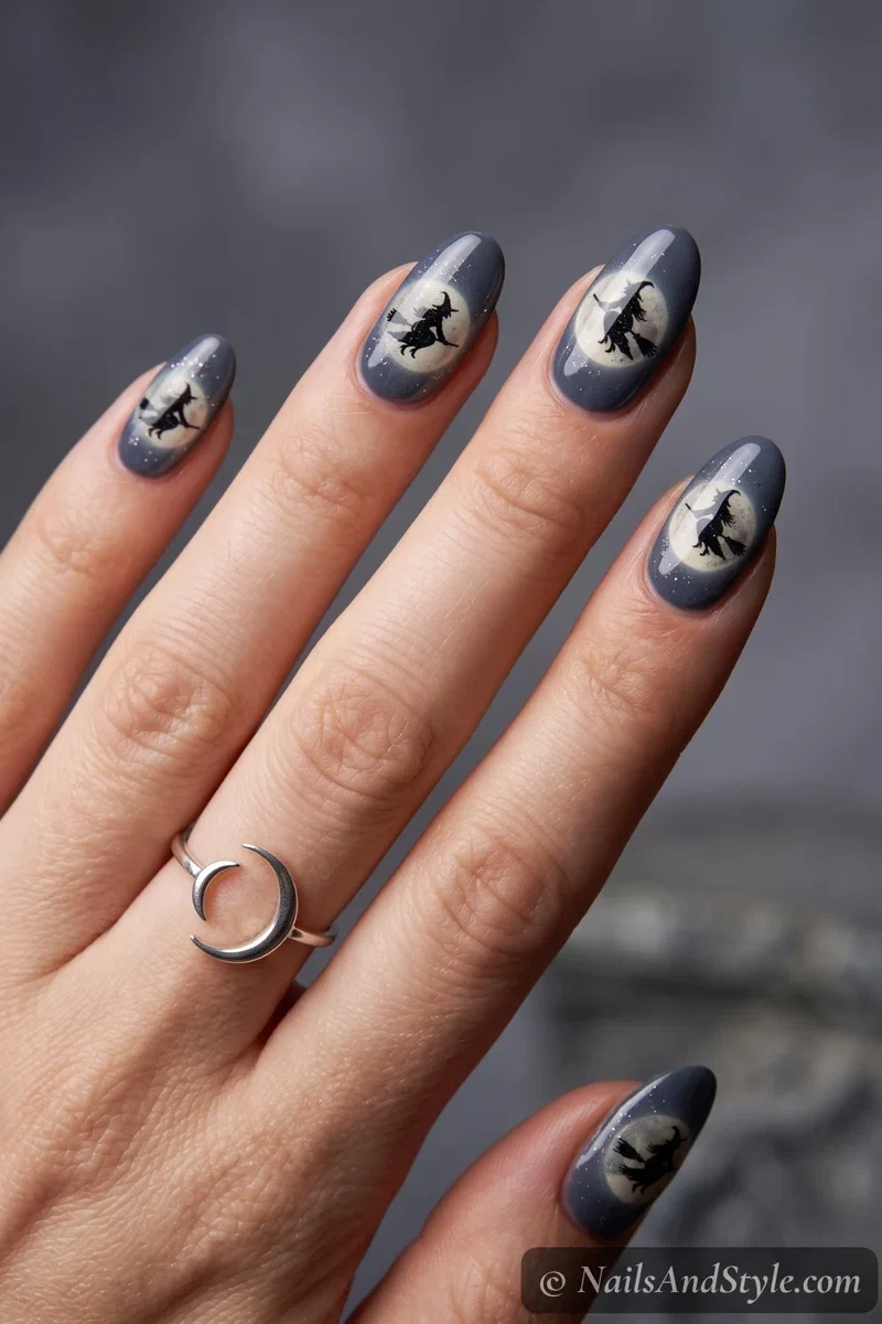 Grey nails with a black witch on a broomstick crossing a glowing moon