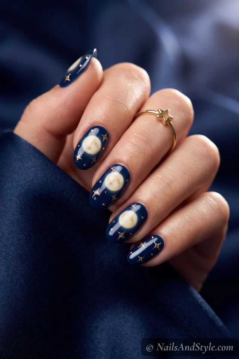 Navy nails with a glowing cream full moon and scattered gold stars