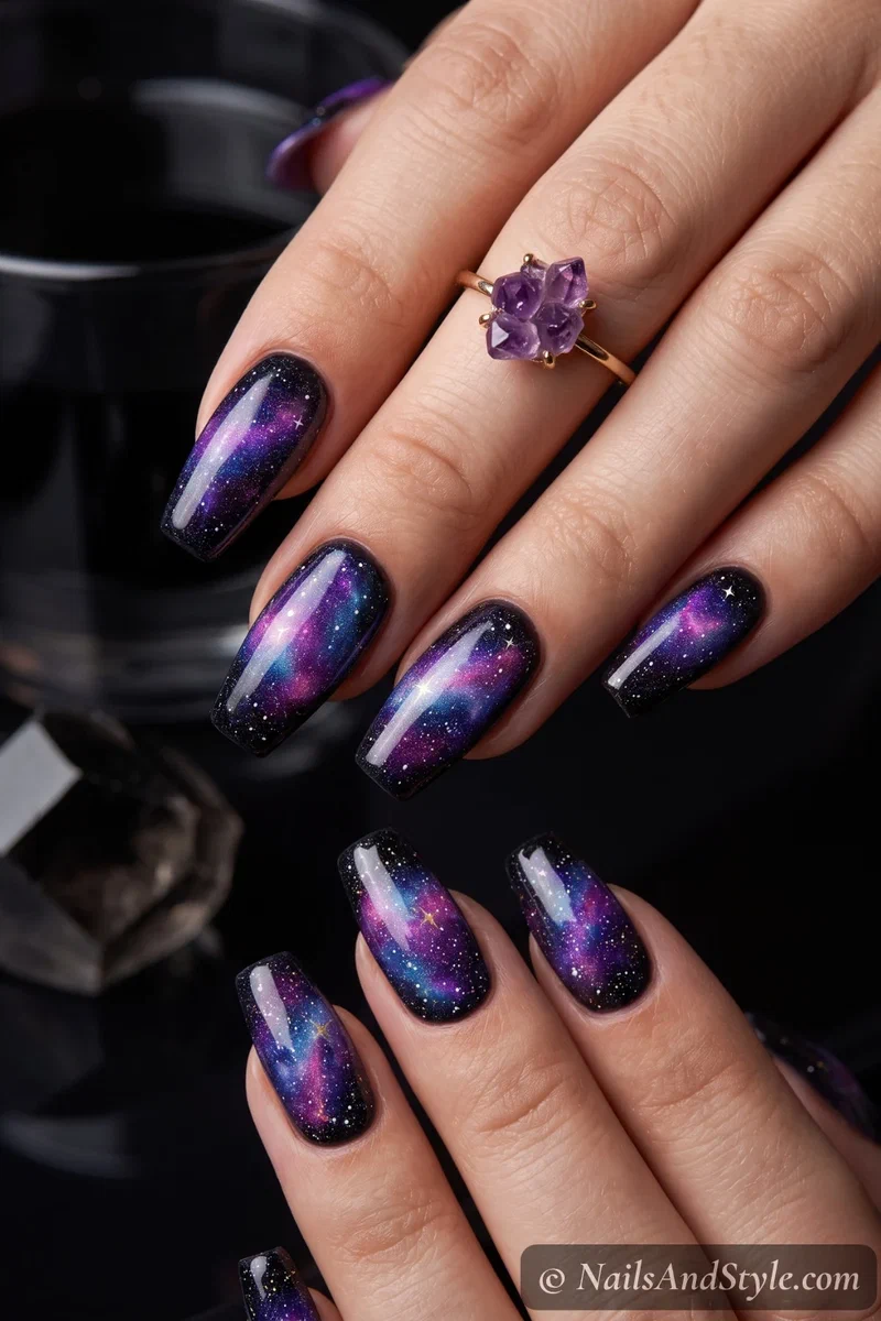 Black nails with purple, blue, and pink galaxy nebula and star specks