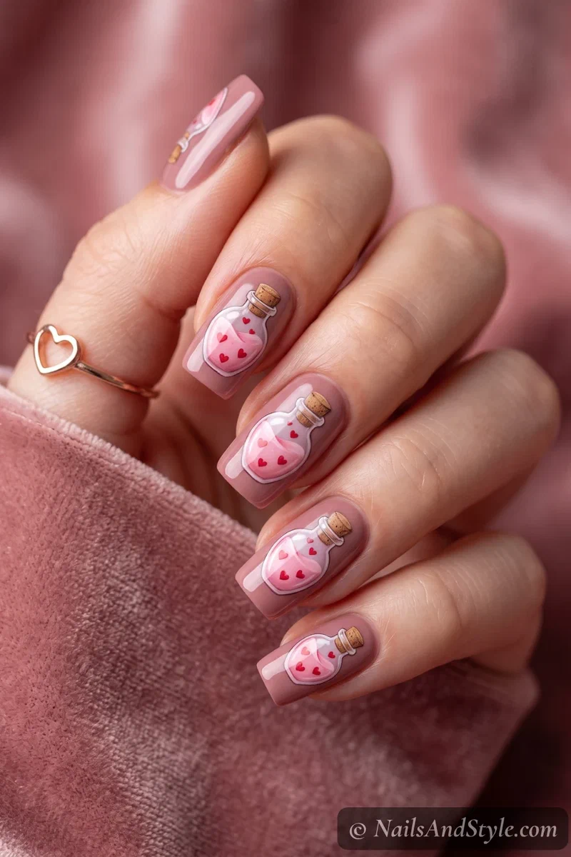 Dusty rose nails with a pink love potion bottle and floating hearts