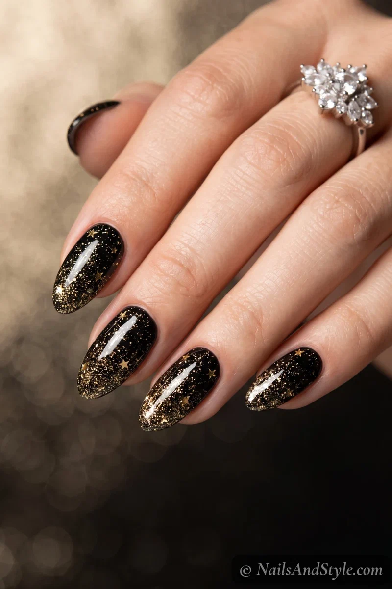 Black nails with fine gold glitter magic dust and tiny stars