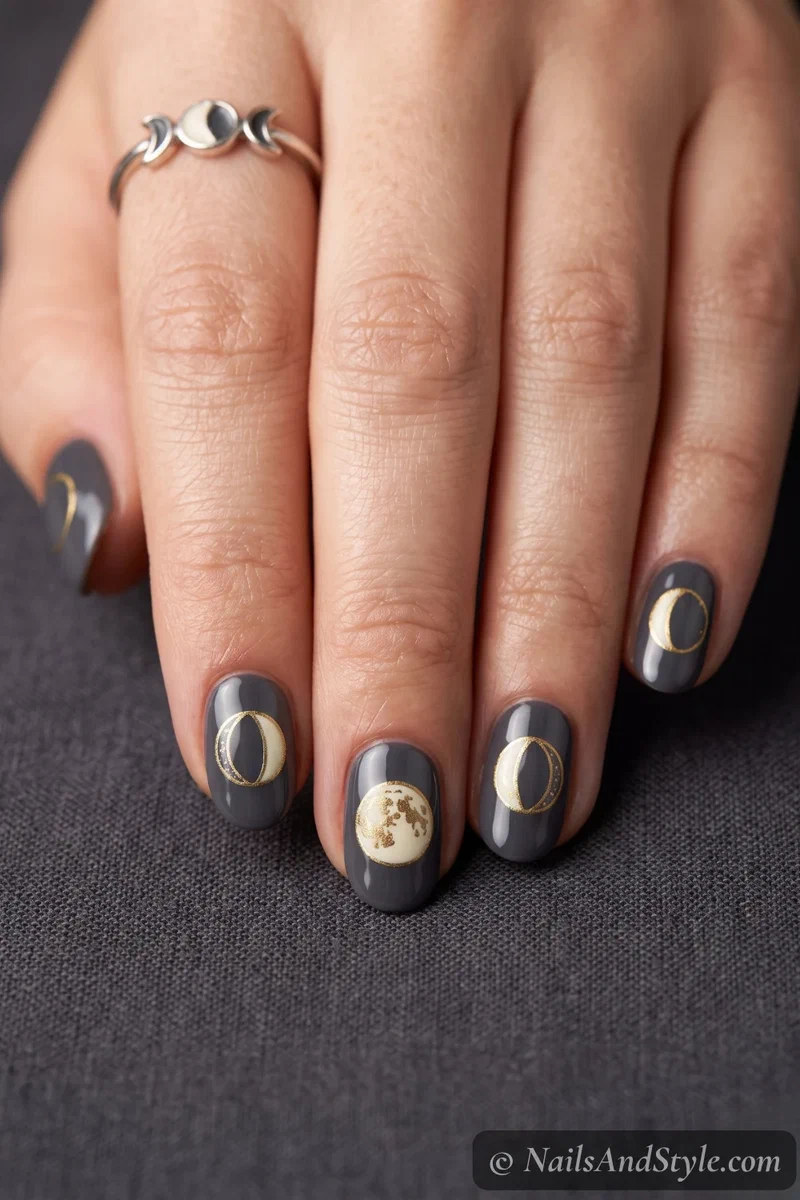 Charcoal nails showing the moon phases in cream and gold across the hand