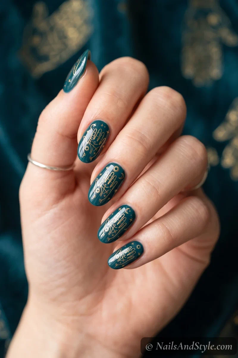 Deep teal nails with a gold palmistry hand and reading lines