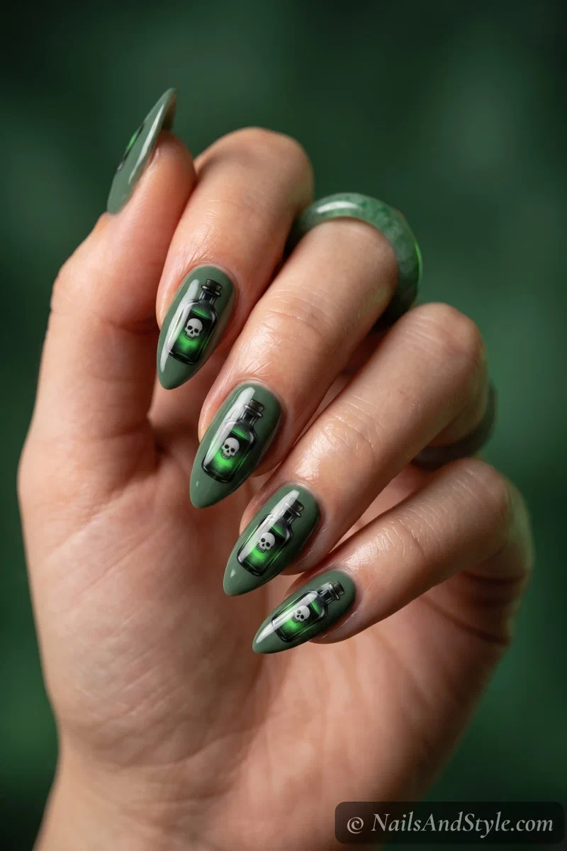 Moody green nails with a dark poison bottle marked with a small skull