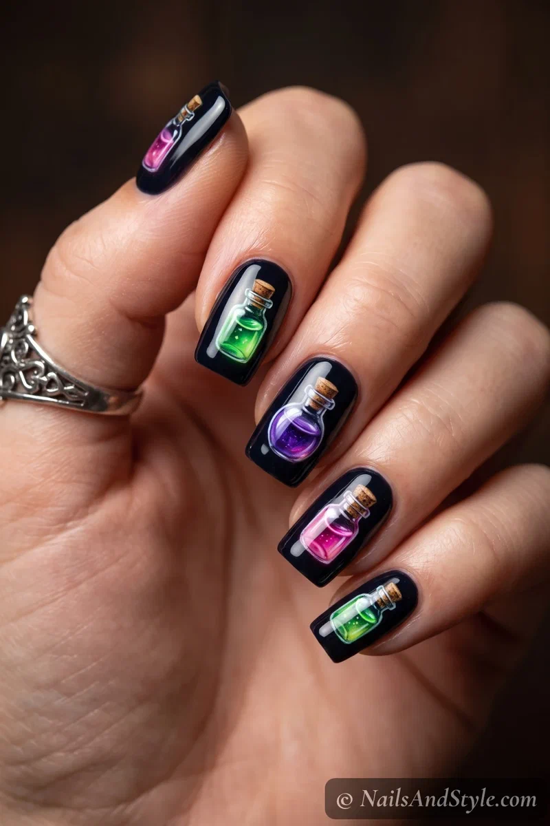 Dark nails with tiny glass potion bottles of glowing green, purple, and pink