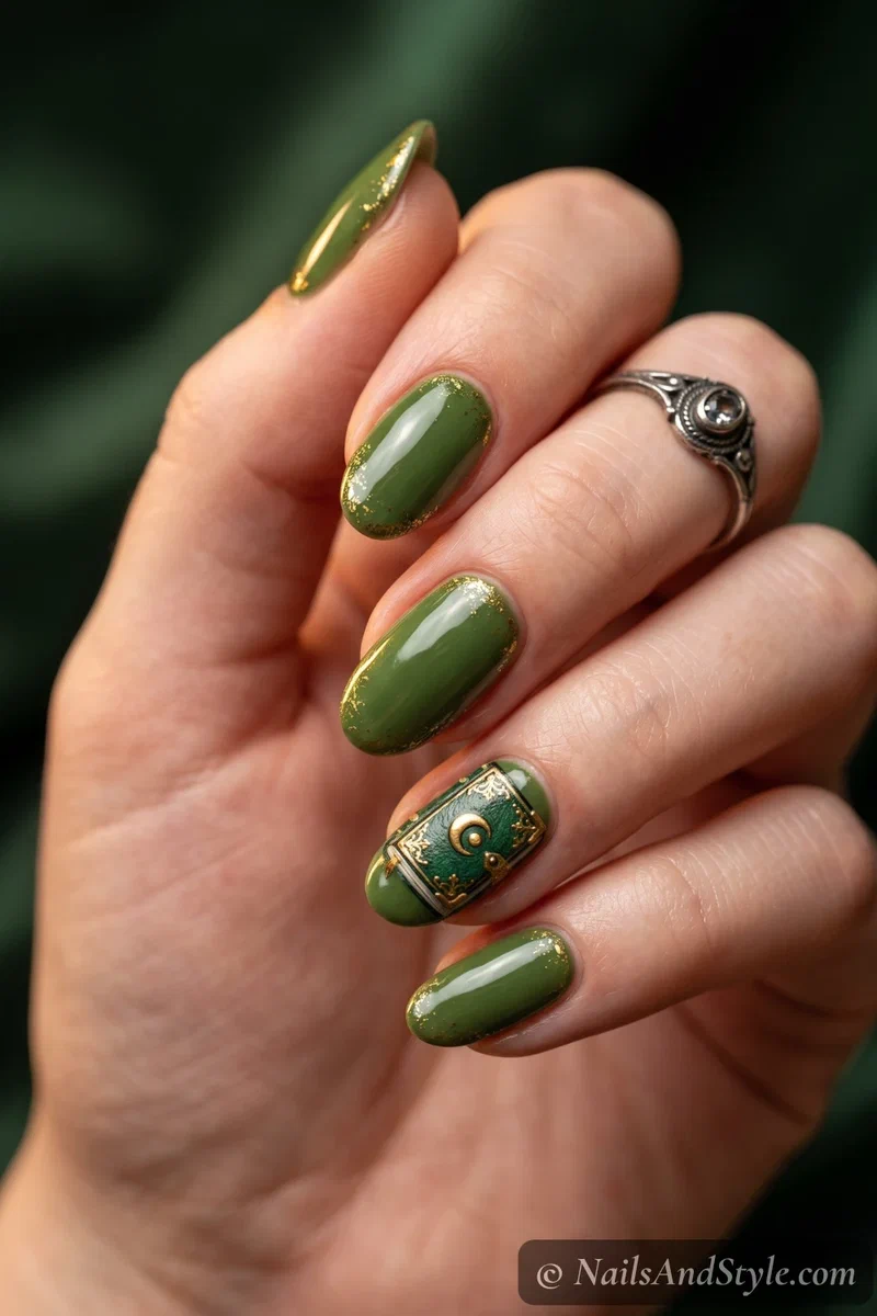 Mossy green nails with an ornate spell book with gold corners and a moon emblem