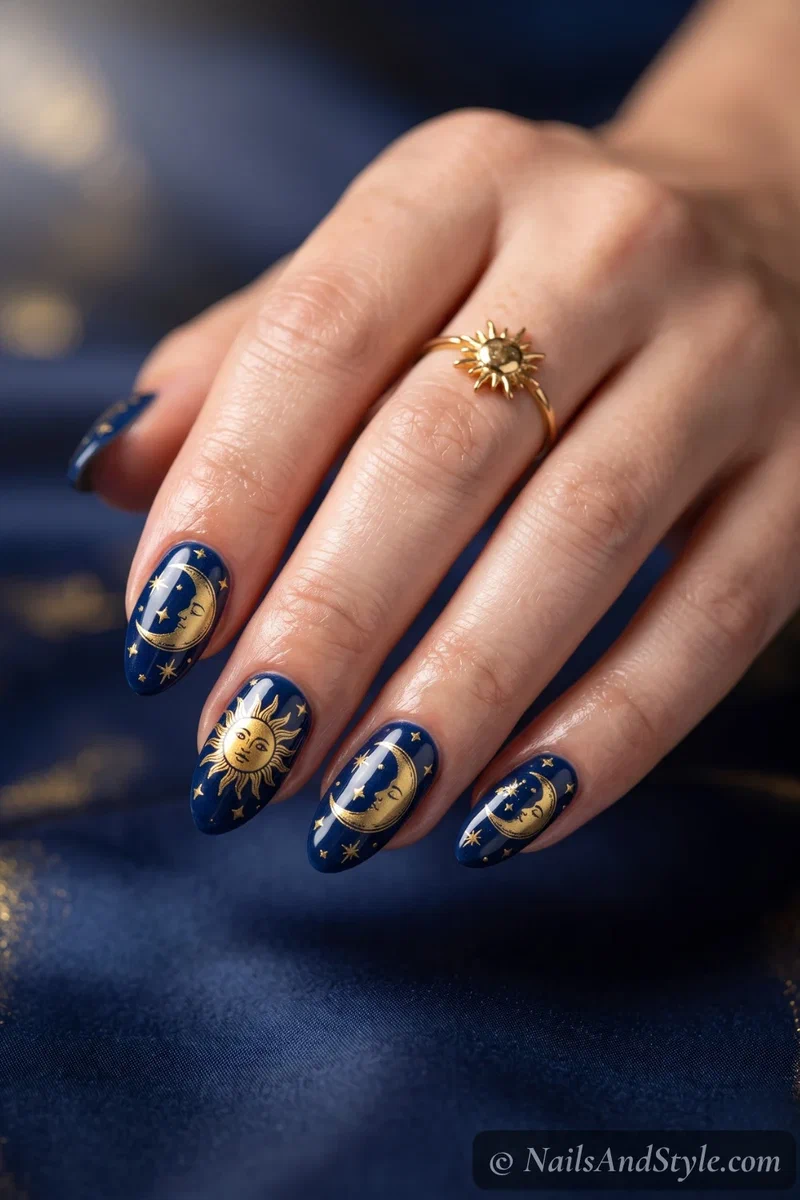 Midnight blue nails with gold sun and moon tarot imagery