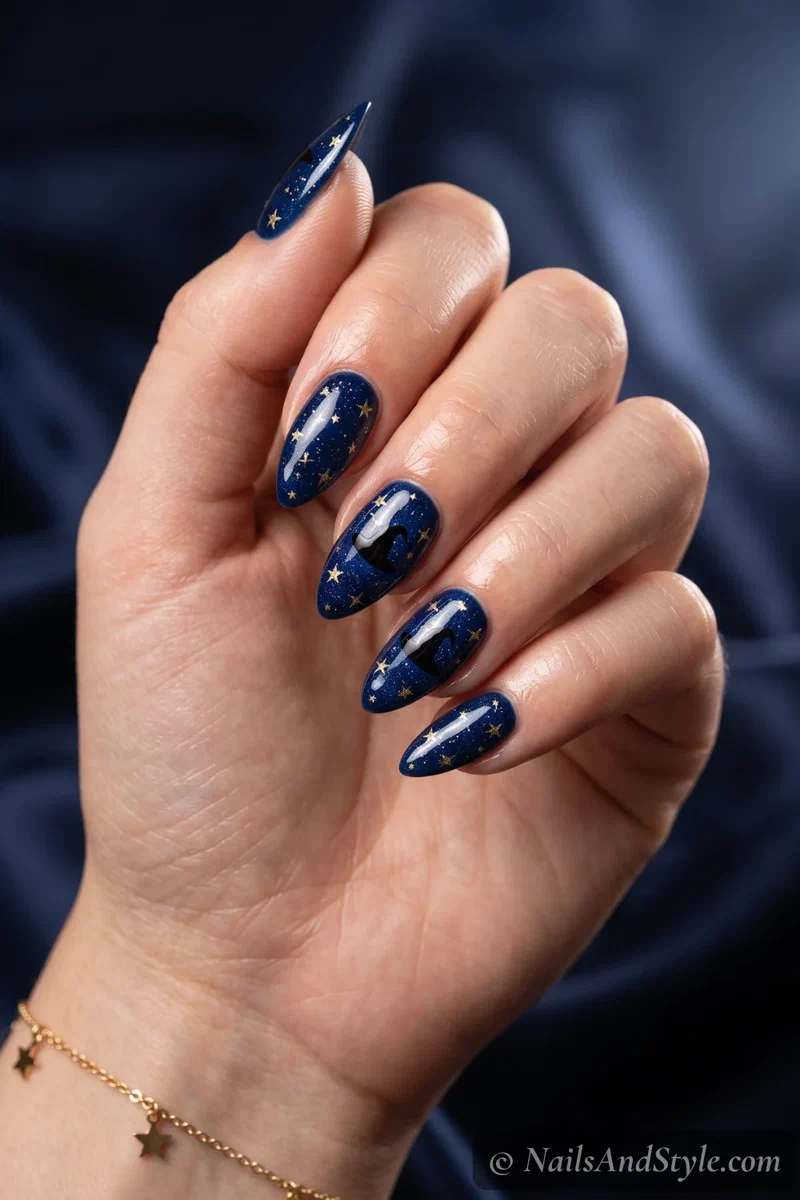 Midnight blue nails with a black witch hat over a starry gold sky