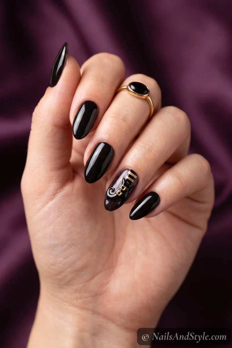 Nails with pointy black witch boots with gold buckles and striped stockings