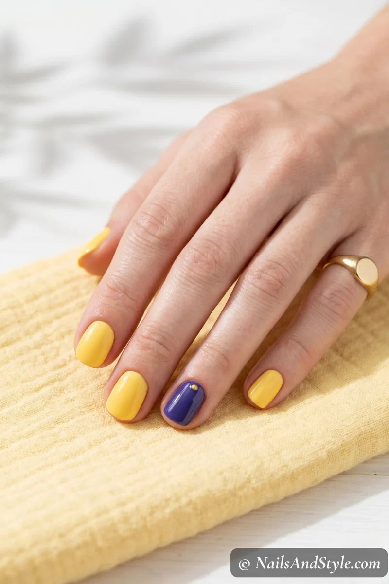 Sunshine yellow nails with blueberry purple accent nails and gold dot detail on short round nails