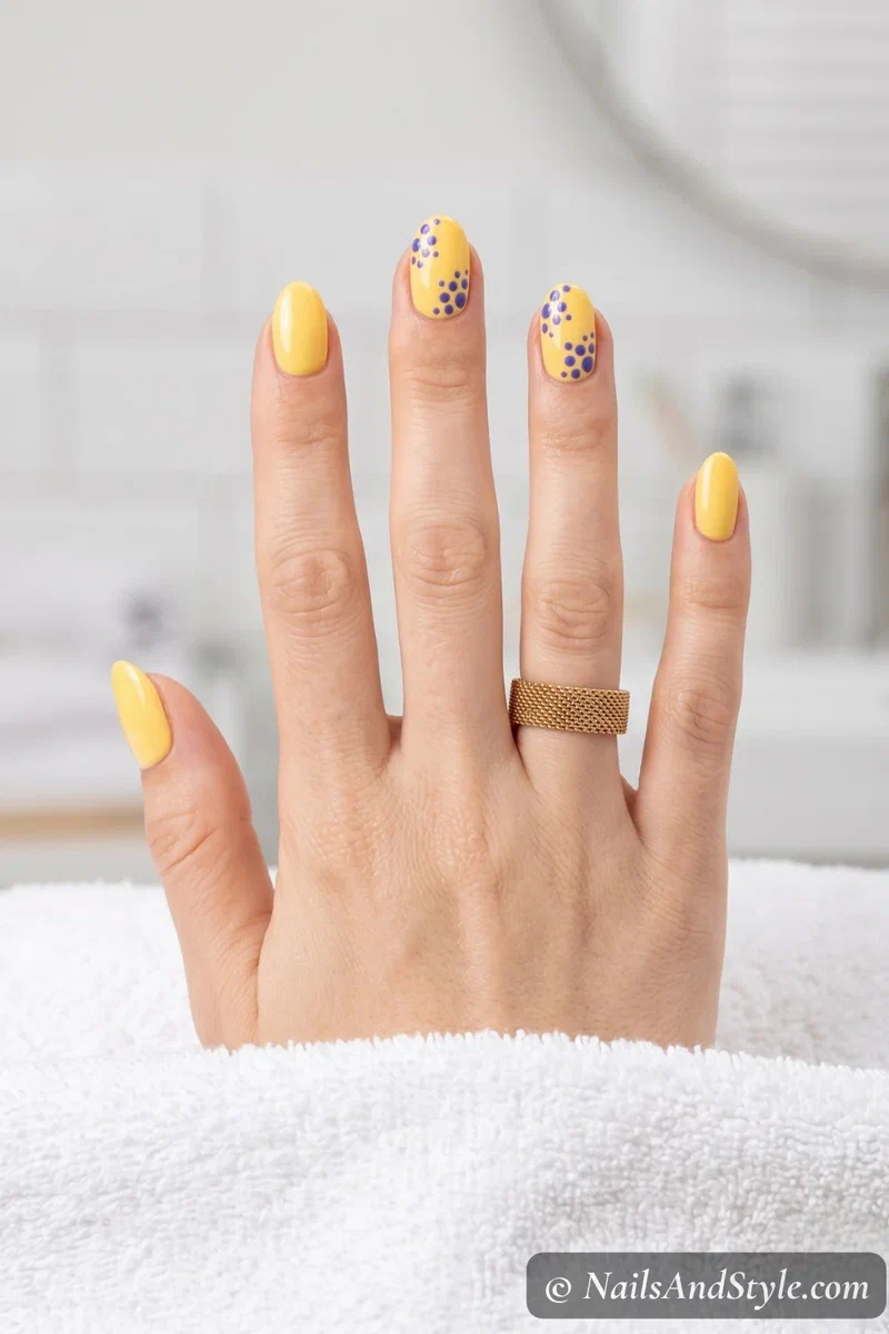 Sunshine yellow nails with scattered blueberry purple dots on accent nails using dotting tool